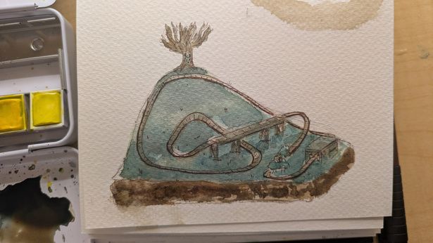 Watercolor concept art of the coaster track winding over a teal hillside